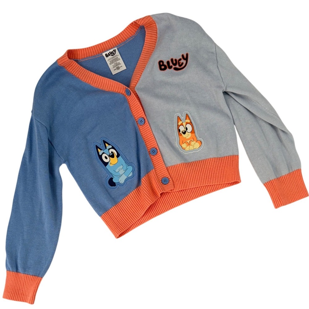 Bluey Cardigan Sweater Kids 6/6X Blue Orange Colorblock Retro‎ Indie Bingo Patch
